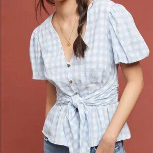 Maeve Anthropologie Light Blue Gingham Peplum Blouse